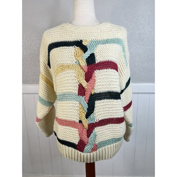 Vtg UNO & UNA Knit Sweater Sz L Colorful Cable Twist 80s 90s Indie Hipster Retro - Picture 2 of 10